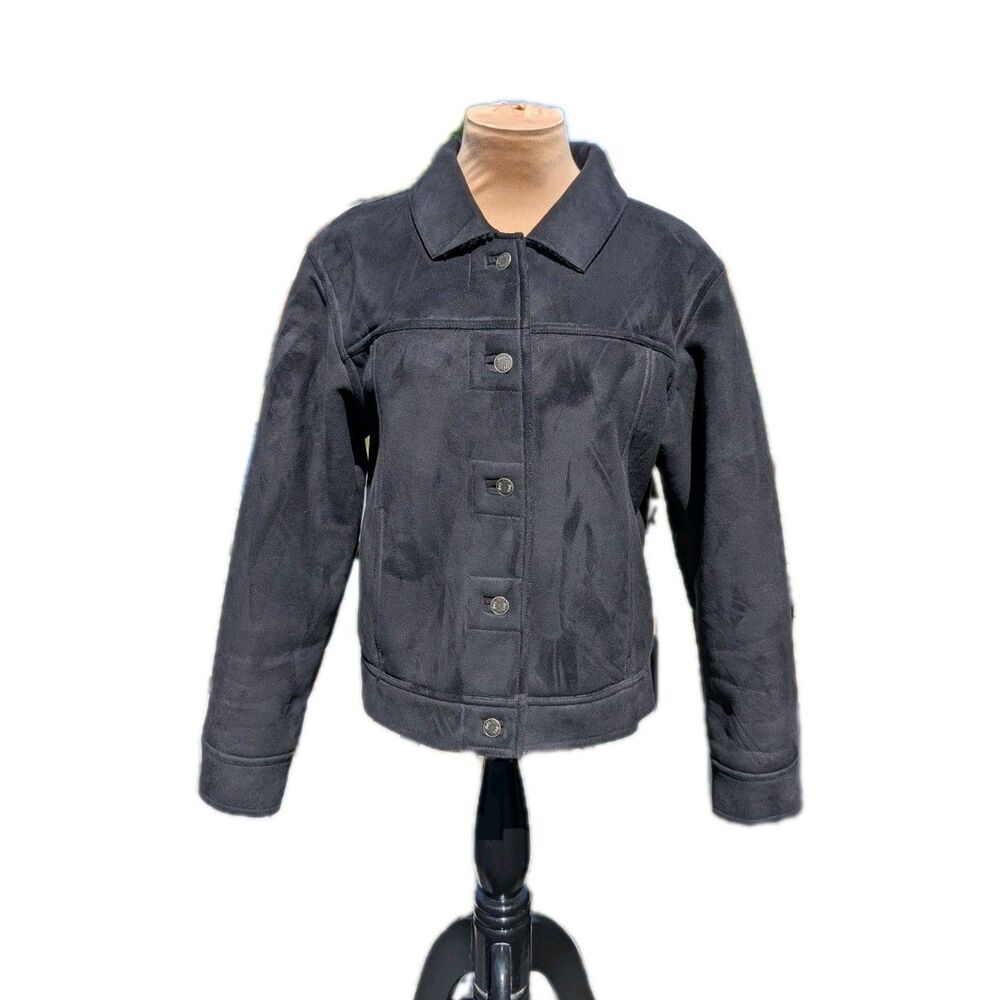 J. Jill Faux Suede Sherpa Lined Jacket Black Woman's Small Button Up Coat Simple